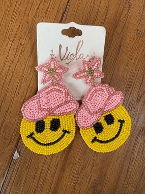 Pink & Yellow Smiley Cowboy Beaded Earrings for women